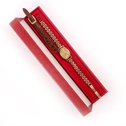 Omega ladies gold-plated quartz wristwatch, gilt dial with baton hour markers, on 9ct gold bracelet, Birmingham 1977, boxed with original leather strap