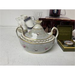 Twin handled sucrier with cover, in the manner of Thomas Grainger for Royal Worcester, together with Wedgwood Medina pattern coffee cans and saucers, a set of ten ruby glasses and a Wedgwood cameo glass tankard etc