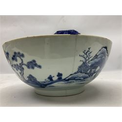 19th century Chinese blue and white bowl decorated with  pagoda river scenes, together with three plate oriental blue and white ceramics 