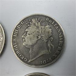 King George IIII 1820 silver crown coin, three Queen Victoria silver crowns dated 1889, 1893 and 1899