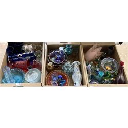 Three boxes of coloured glass to include art glass vase, carnival glass etc