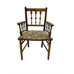 19th century ash and beech Sussex type elbow chair, the back and arms with arrow shaped vertical rails, upholstered seat, on turned supports