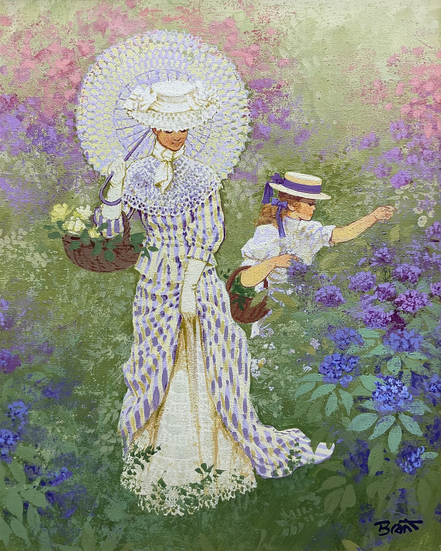 Continental School (20th Century): Mother and Daughter Picking Flowers, oil on canvas indistinctly signed 49cm x 39cm 