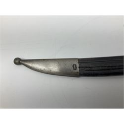 Turkish Model 1874 sword bayonet with 57.5cm curving steel fullered blade and chequered black grip, in steel mounted leather scabbard L75.5cm overall