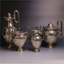 Victorian four piece silver tea service, comprising teapot, hot water pot, open sucrier an...