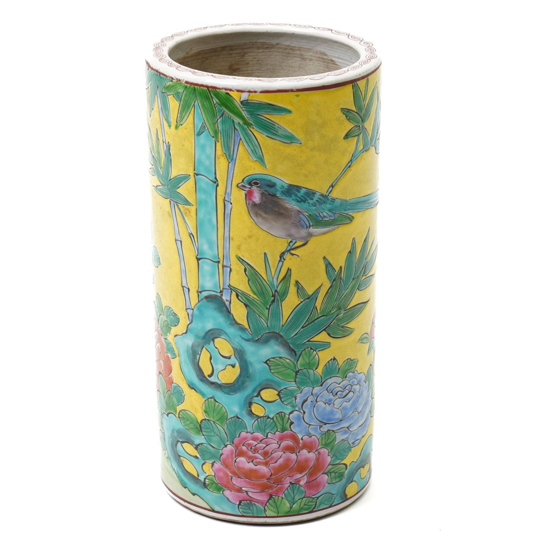 Chinese famille jaune spill vase, decorated with birds and flowers, mark in red to base, H24cm