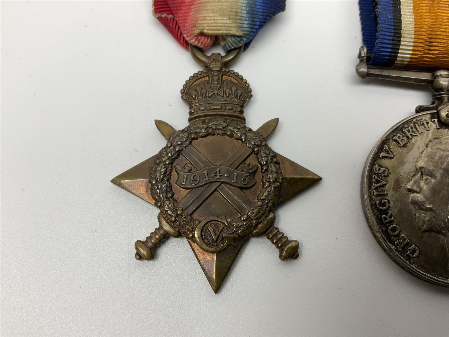 WW1 group of three medals comprising British War Medal, Victory Medal and 1914-15 Star awarded to 90434 Gnr. R.G. Rhodes R.F.A./R.A.; all with ribbons
