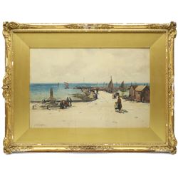 John Ernest Aitken (Scottish 1881-1957): 'A North Sea Harbour', watercolour signed, titled on Chas. Rowley and Co 1910 Ltd label verso 33cm x 49.5cm