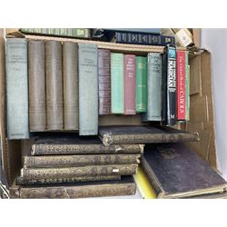 Collection of books, to include eight volumes of The Harmsworth Encyclopaedia, Dicken novels, readers digest books etc in five boxes