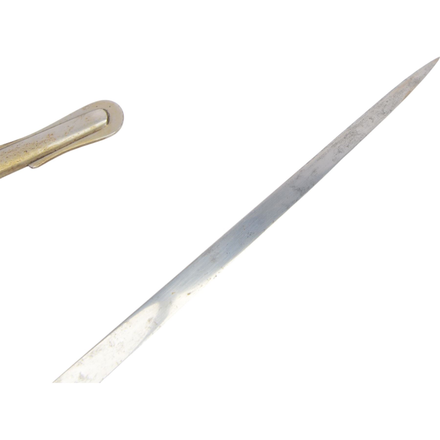 George V British infantry officers sword, made by Rob Mole & Sons Birmingham, the 82cm etched blade with makers mark 'Robert Mole & Sons Makers to the The War & India Offices', with brass inset proof mark, numbered M6855 on spine, the full guard with pierced scrolling decoration and George V cypher, shagreen covered grip with silver wires, with leather sword knot attached, in steel scabbard with suspension rings, overall L100cm