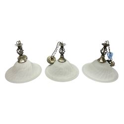 Three frosted glass light fittings with brushed metal mounts, approx L30cm excl fitting