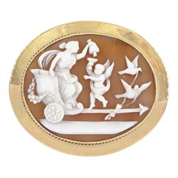 Victorian 10ct gold shell cameo, depicting Venus in a chariot pulled by doves