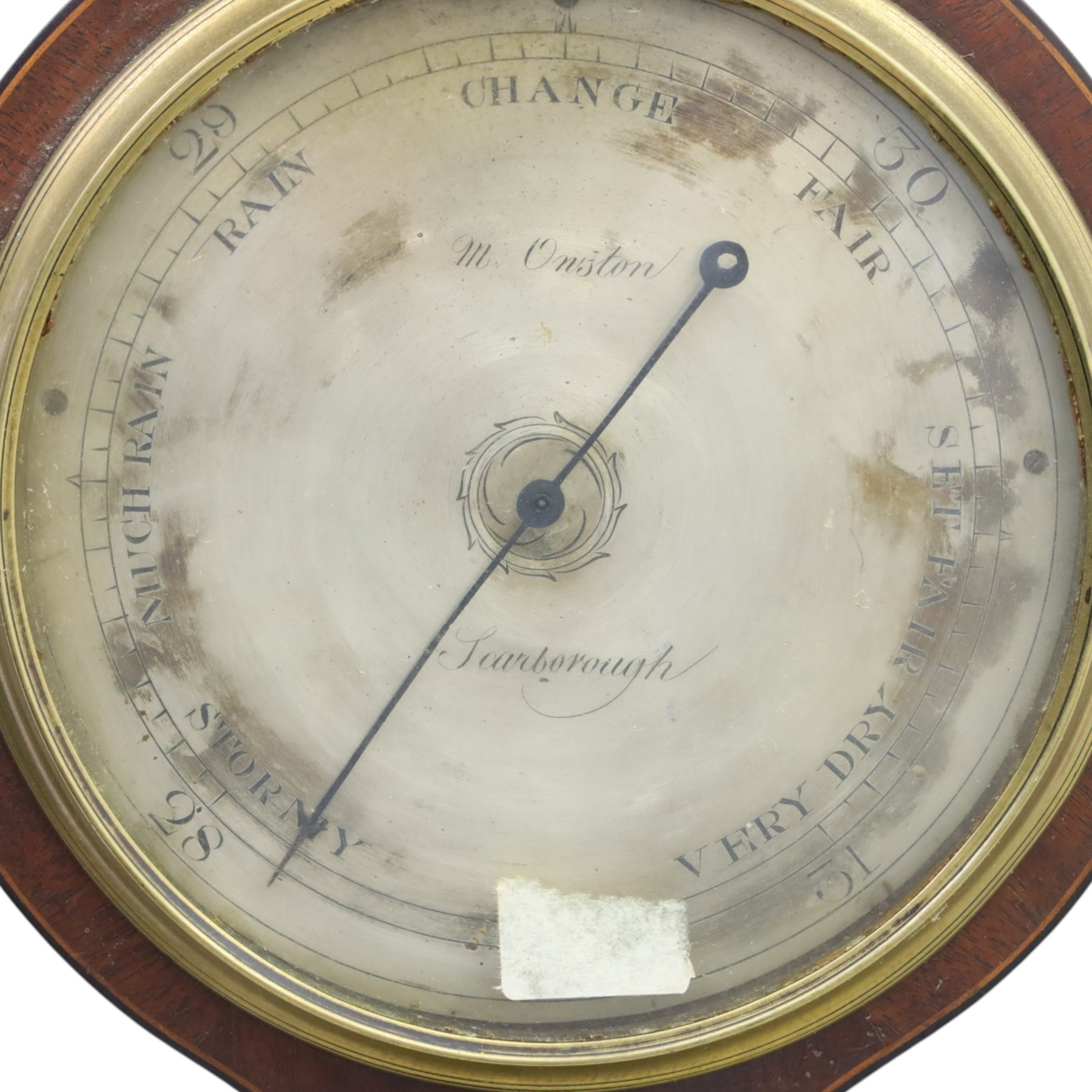 Three wheel barometers, a mother of pearl inlaid mahogany case, swan neck pediment, thermometer and circular dial, H 92cm, the second Sheraton Revival style with floral inlay, swan neck pediment, thermometer and circular dial, H 102cm, the third Sheraton Revival style, H 95cm (3)