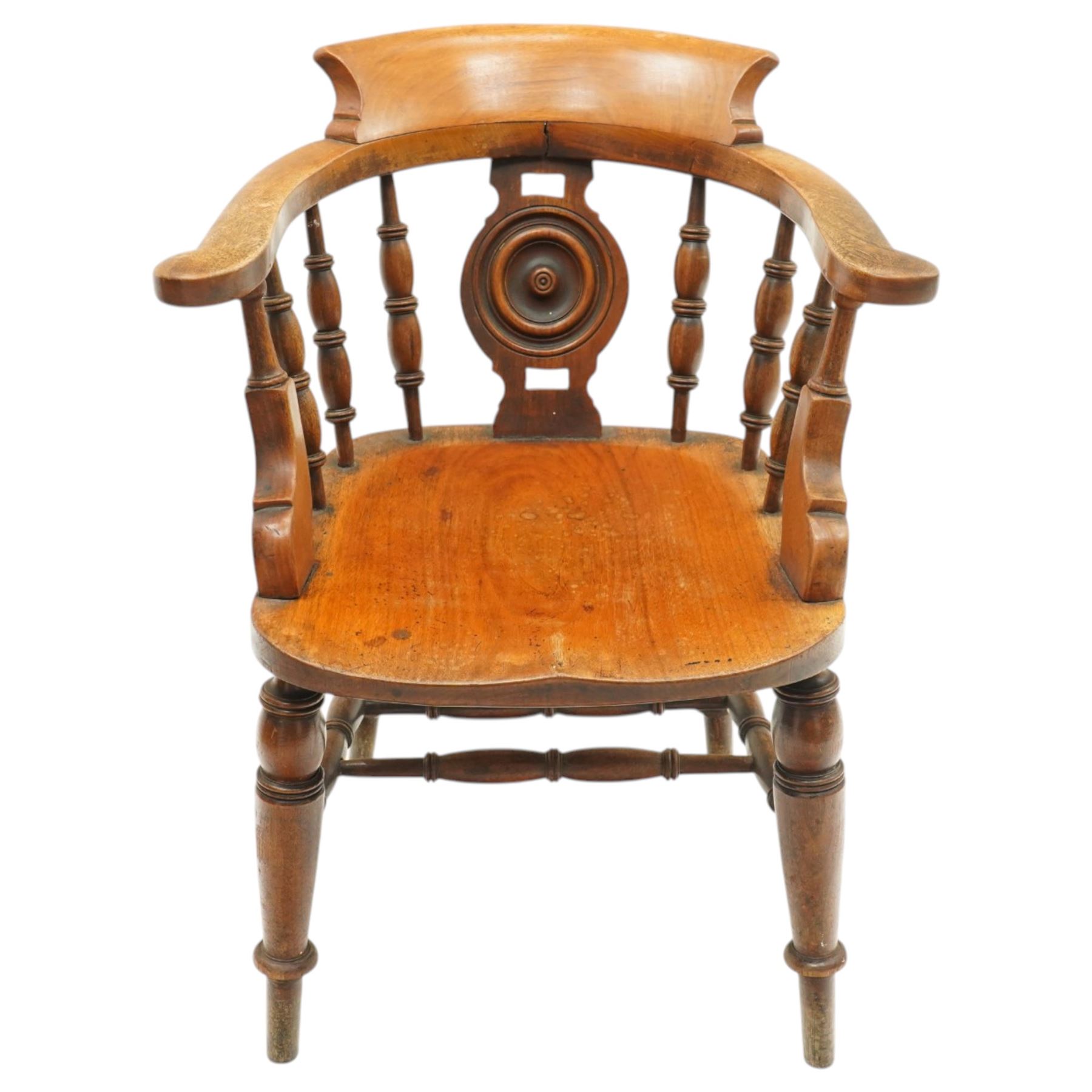 Victorian mahogany Captains chair, central roundel splat flanked by turned spindles, on turned supports united by double H-stretcher