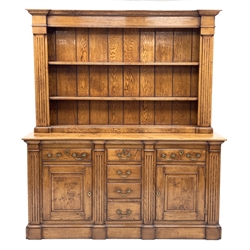 Bylaws Furniture - Georgian style figured oak dresser, projecting cornice over three heights plate rack, six drawers and two cupboards enclosed by two fielded panelled doors, with square column fluted pilasters, W176cm, H200cm, D53cm