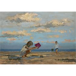 William Burns (British 1923-2010): 'Beach Fun', oil on board unsigned, titled verso 36cm x 51cm (unframed)
Provenance: direct from the artist's family. Born in Sheffield in 1923, William Burns RIBA FSAI FRSA studied at the Sheffield College of Art, before the outbreak of the Second World War during which he helped illustrate the official War Diaries for the North Africa Campaign, and was elected a member of the Armed Forces Art Society. On his return to England, he studied architecture at Sheffield University and later ran his own successful practice, being a member of the Royal Institute of British Architects. However, painting had always been his self-confessed 'first love', and in the 1970s he gave up architecture to become a full-time artist, having his first one-man exhibition in 1979.