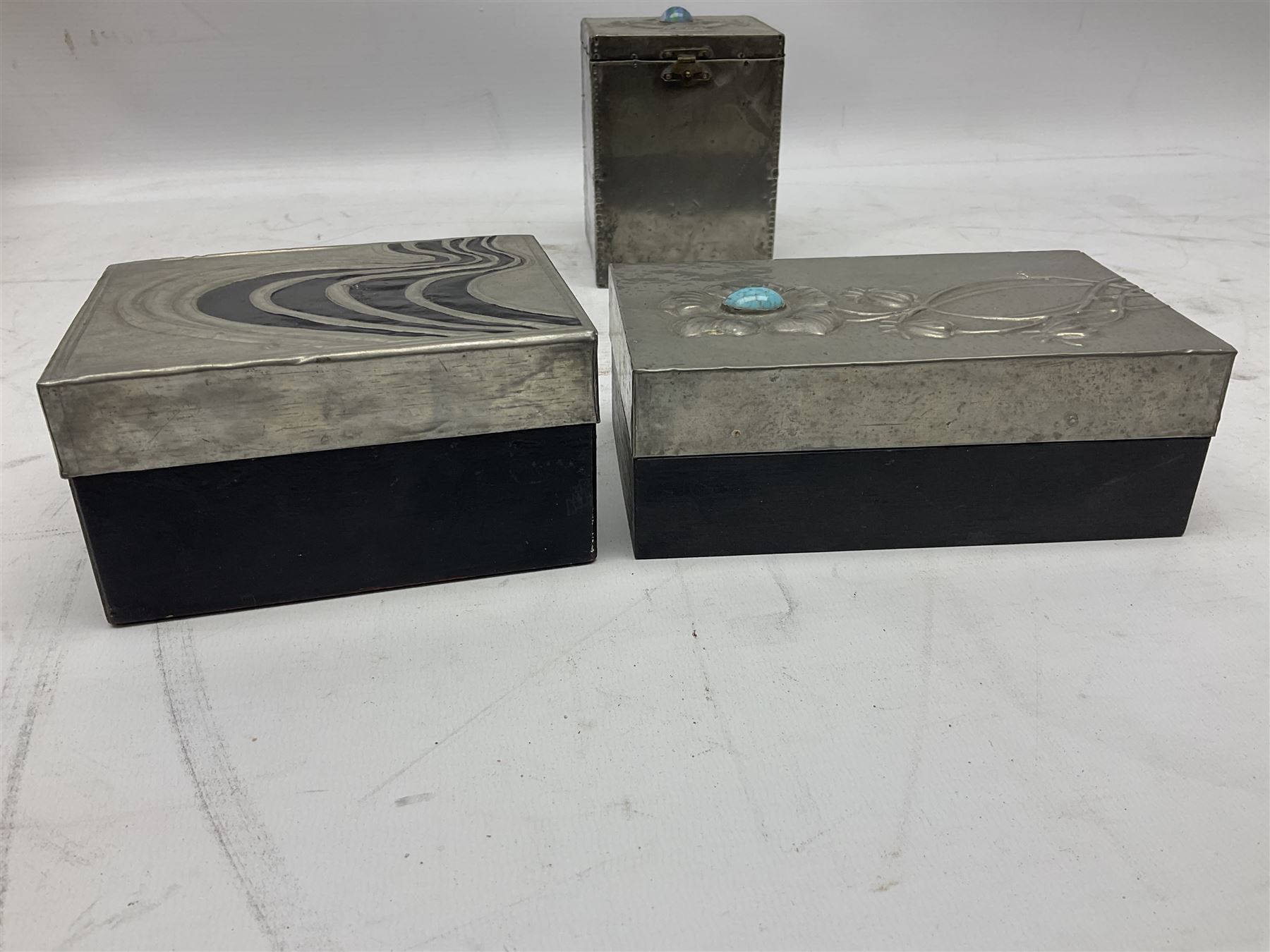 Arts & Crafts style pewter box with hinged lid embossed with a Celtic