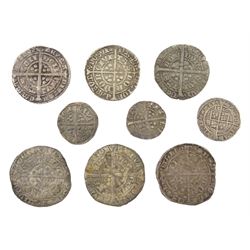 Collection of nine hammered silver coins including Edward III (1327-77) groat, Elizabeth I 1567 halfgroat etc, some having been severely bent and re-flattened 