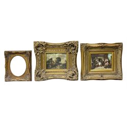 3 classical gilt picture frames, to include a pair with printed scenes, one glazed, largest H45cm