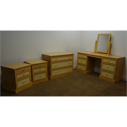  Modern pine and cream finish bedroom suite comprising, knee hole dressing table with mirror (W145cm) a chest of three drawers (W92cm) a pair of bedside cabinets (W48cm) and a double bed  (W146cm)   