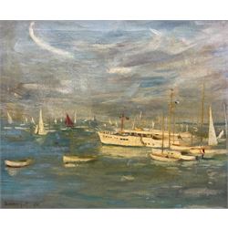 English School (Mid 20th century): The Red Sail - Yachts and Sailing Dinghies off the Isle of Wight, oil on canvas indistinctly signed and dated '59, Lymington storage label verso 49cm x 59cm