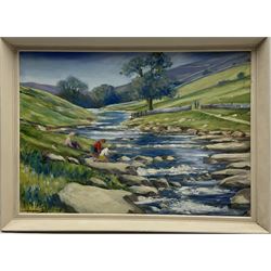 Leslie I Warburton (British 1917-2014): Children Playing in River, acrylic on board signed 39cm x 56cm
