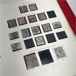 Great British Queen Victoria and later stamps including penny black, black MX cancel, imperf penny reds, King Edward VII used five shillings, King George V seahorses etc, housed in a red Stanley Gibbons ring binder folder