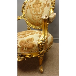  Large French Rococo style giltwood open armchair, moulded frame pierced and carved with foliage and scrolls, brocade upholstered seat and back, on cabriole legs, H120cm  