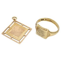 9ct gold monogrammed signet ring by Deakin & Francis Ltd, Birmingham 1940 and a 9ct gold square pendant, hallmarked, approx 5.7gm