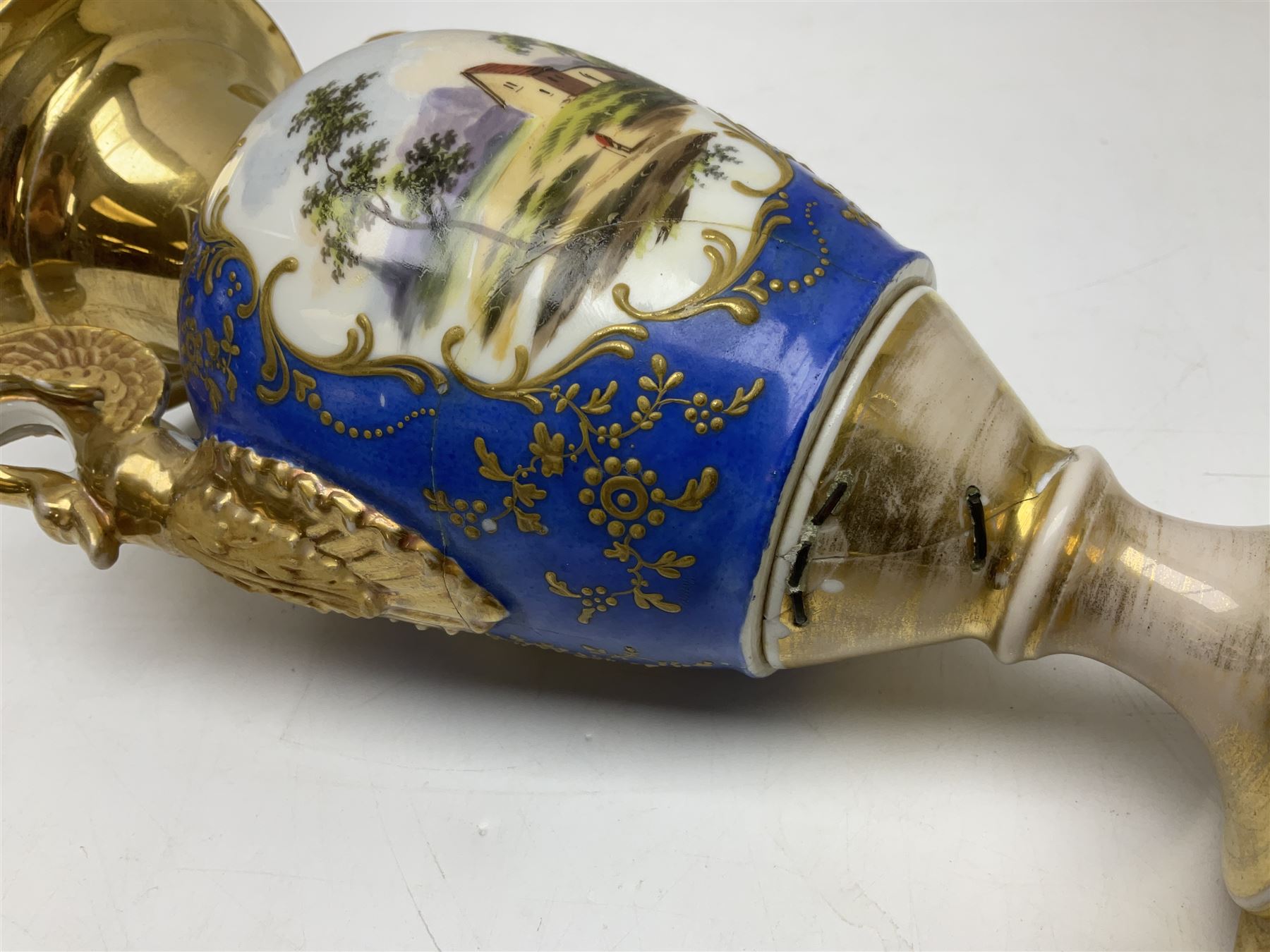 Devonport imari pattern comport set, comprising two tall comports and three low comports, together with twin handled pedestal ovoid vase, decorated with landscape with gilt swan handles, vase H25cm