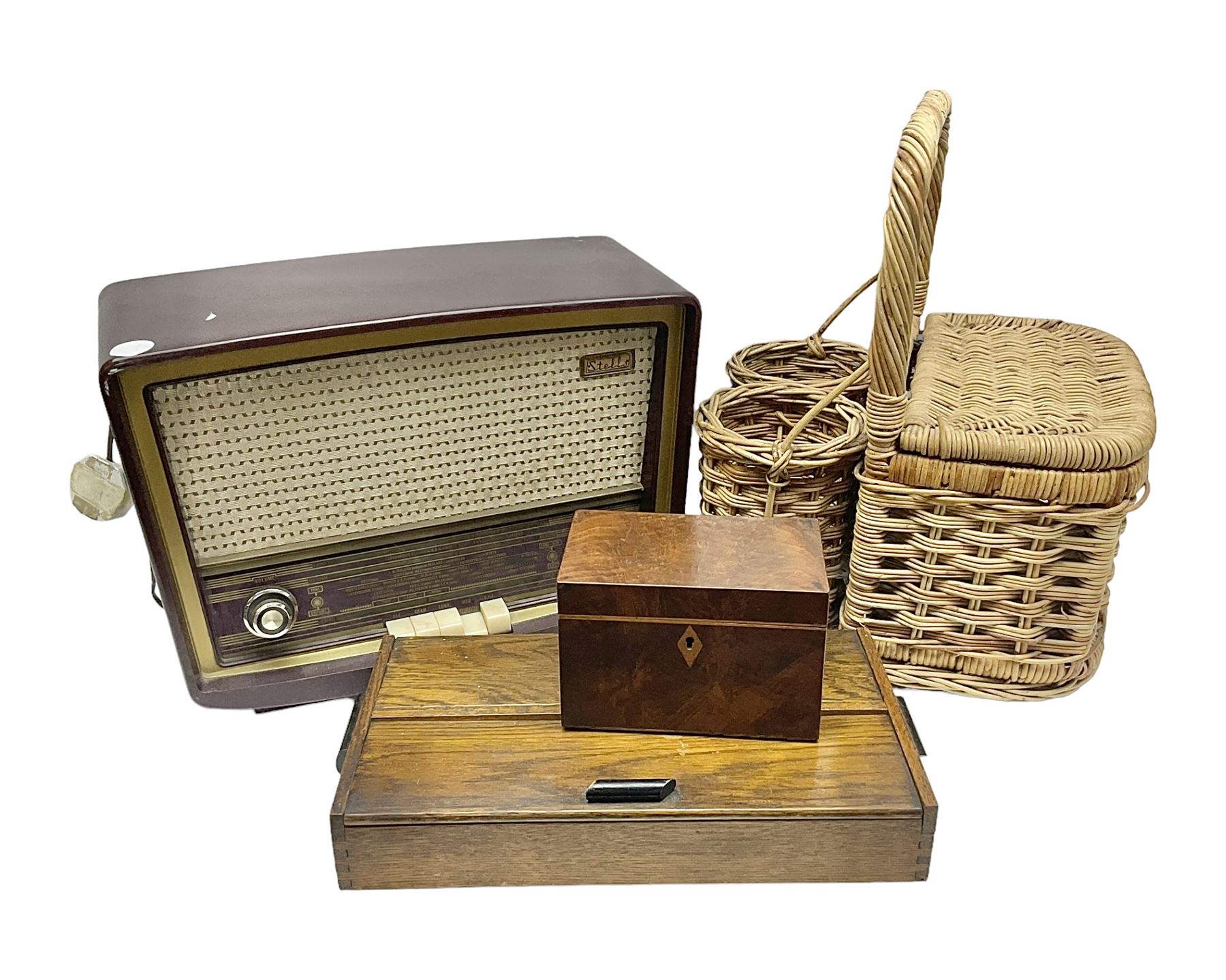 Early 20th century burr walnut tea caddy, Art Deco wooden box, wicker basket with bottle holders and a 1950s Stella radiogram