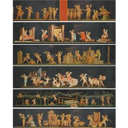 Geramia Discanno (Italian 1839-1907): Pompeii Frescos of Putti and Amorini, set seven 19th century lithographs with hand-colouring pub. 'Pompeii, House of the Vettii, Piccoli Amorini', Italy c.1890 max 18cm x 50cm (7)
Notes: Discanno was an Italian genre and landscape painter, who collaborated with archaeologists, lithographers and art historians to record the wall paintings in the Roman ruins of Pompeii and Herculaneum that were being excavated at the time.