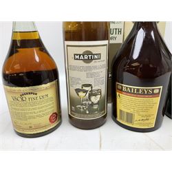 Mixed alcohol comprising Harveys Medium Dry Sherry, 70cl, one bottle, Croft Original Fine Old Pale Cream Sherry, 70cl, one bottle in box, Martini Extra Dry Vermouth, 90cl 18% vol, one bottle in box, Cockspur Barbados V.S.O.R Fine Rum, one bottle, and Baileys Irish Cream, 1l, one bottle (5)