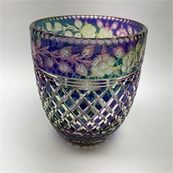 A large iridescent purple flashed, overlaid and cut glass vase, H24cm rim D20cm.