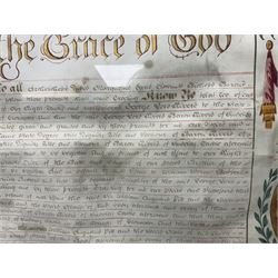 Large 18th century framed and glazed Indenture for King George III to George Rivers, Lord Rivers of Straths Saye, including frame H92.5cm L107.5cm