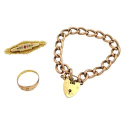 Rose gold curb link bracelet, with yellow gold heart clasp, gold stone set brooch, both 9ct and a gold split pearl ring