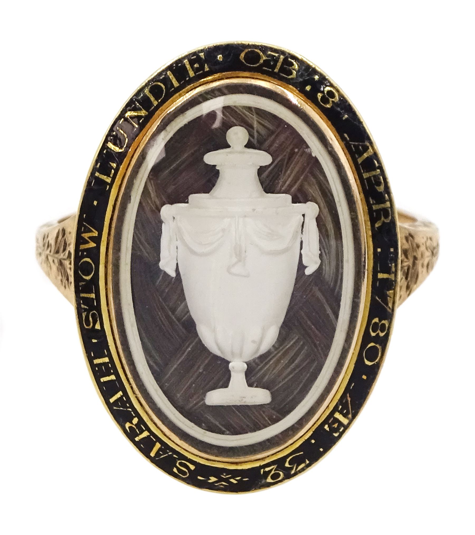 George III gold mourning ring, the bezel enclosing a lock of plaited hair under a reverse white painted urn glass panel, the black enamel border inscribed 'Sarah Stow Lundie OB 8 Apr 1780 AE 32'