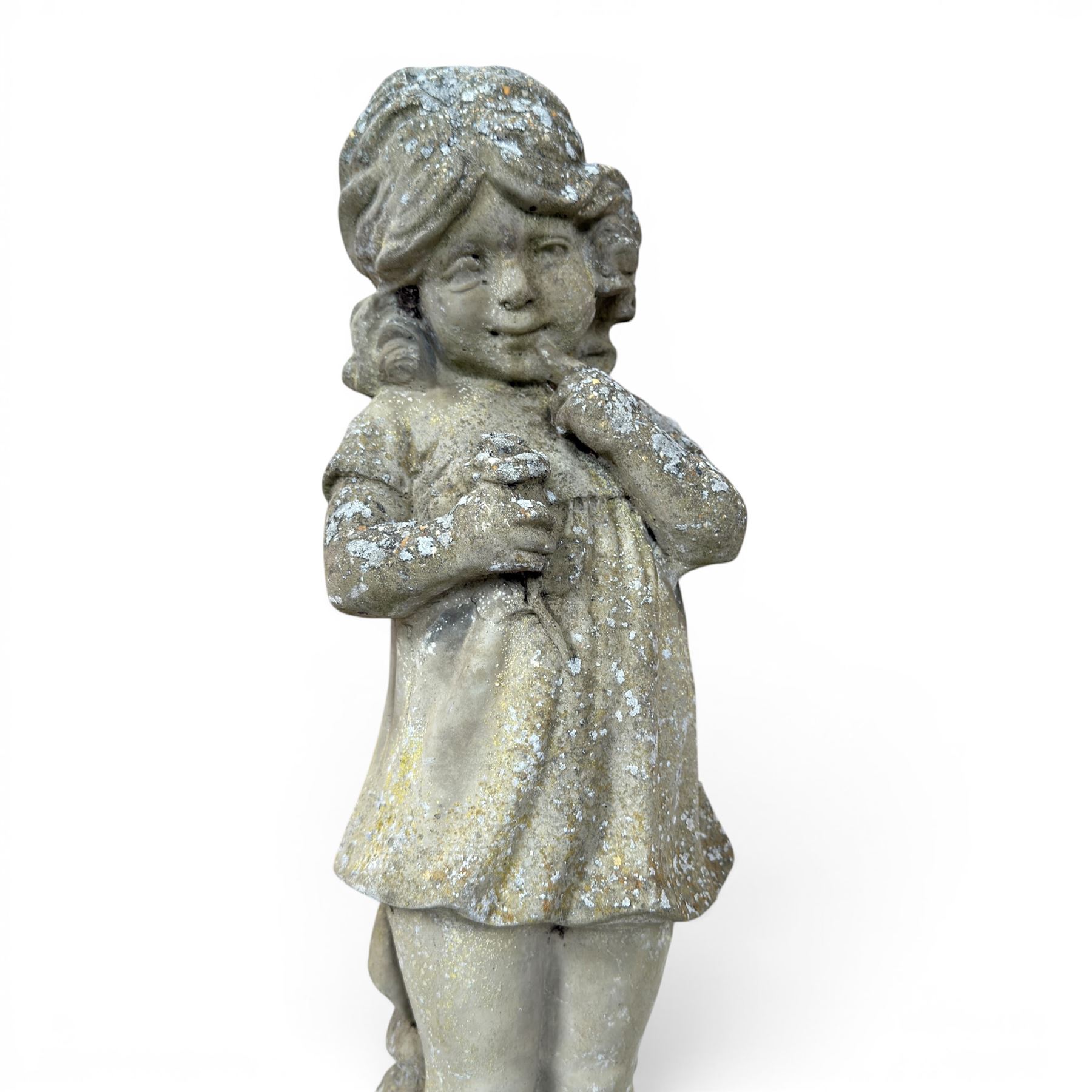 Collection of decorative cast stone garden pieces, comprising three graces bird bath, three urn planters, urn base, figure of girl and a Scottie dog (7)