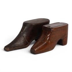 Two 19th Century treen novelty snuff boxes modelled as shoes, both with pinwork decoration, H4cm