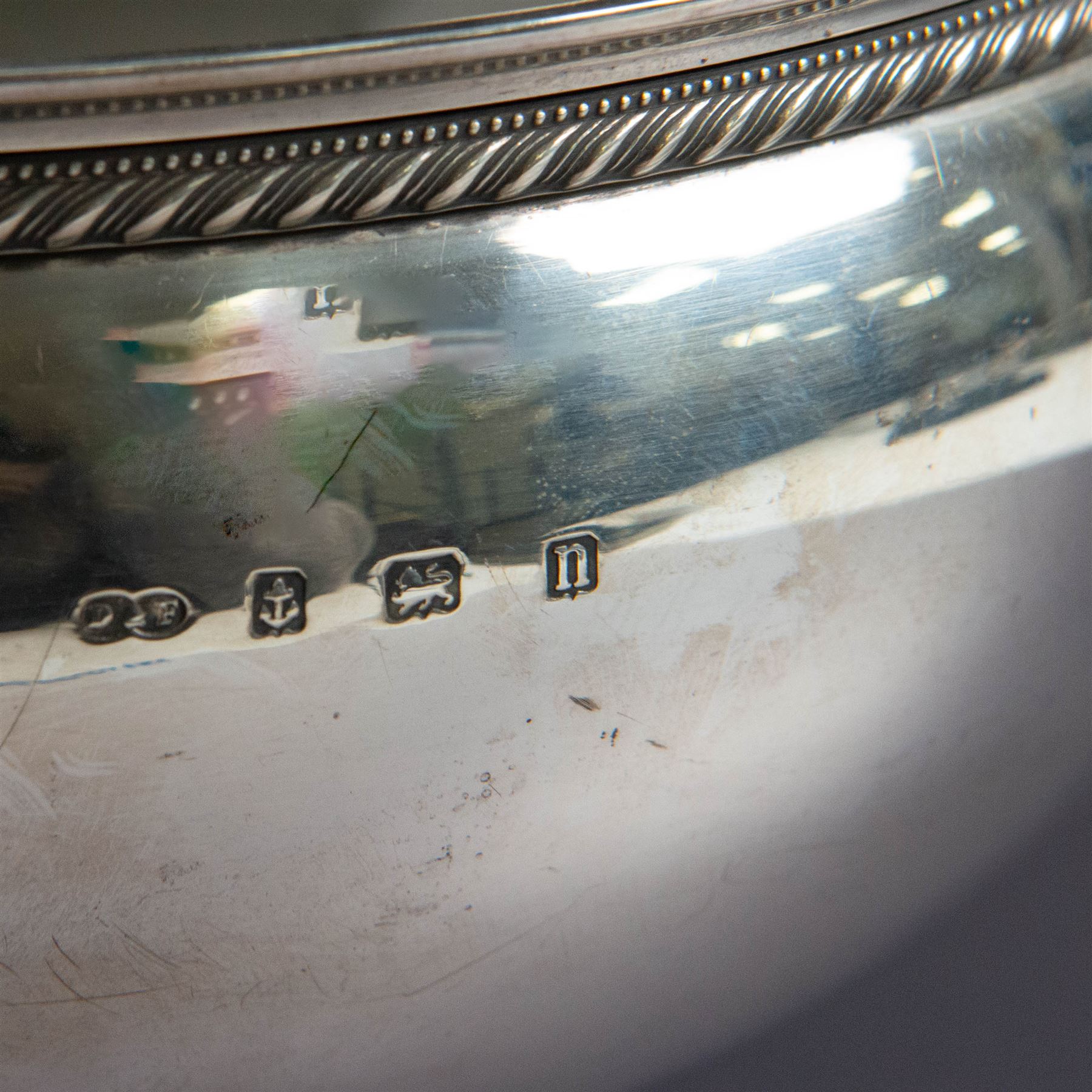 Early 20th century silver rose bowl, of circular form with oblique gadrooned and beaded rim, upon a circular stepped base, hallmarked Deakin & Francis Ltd, Birmingham 1912, H14cm, D20cm