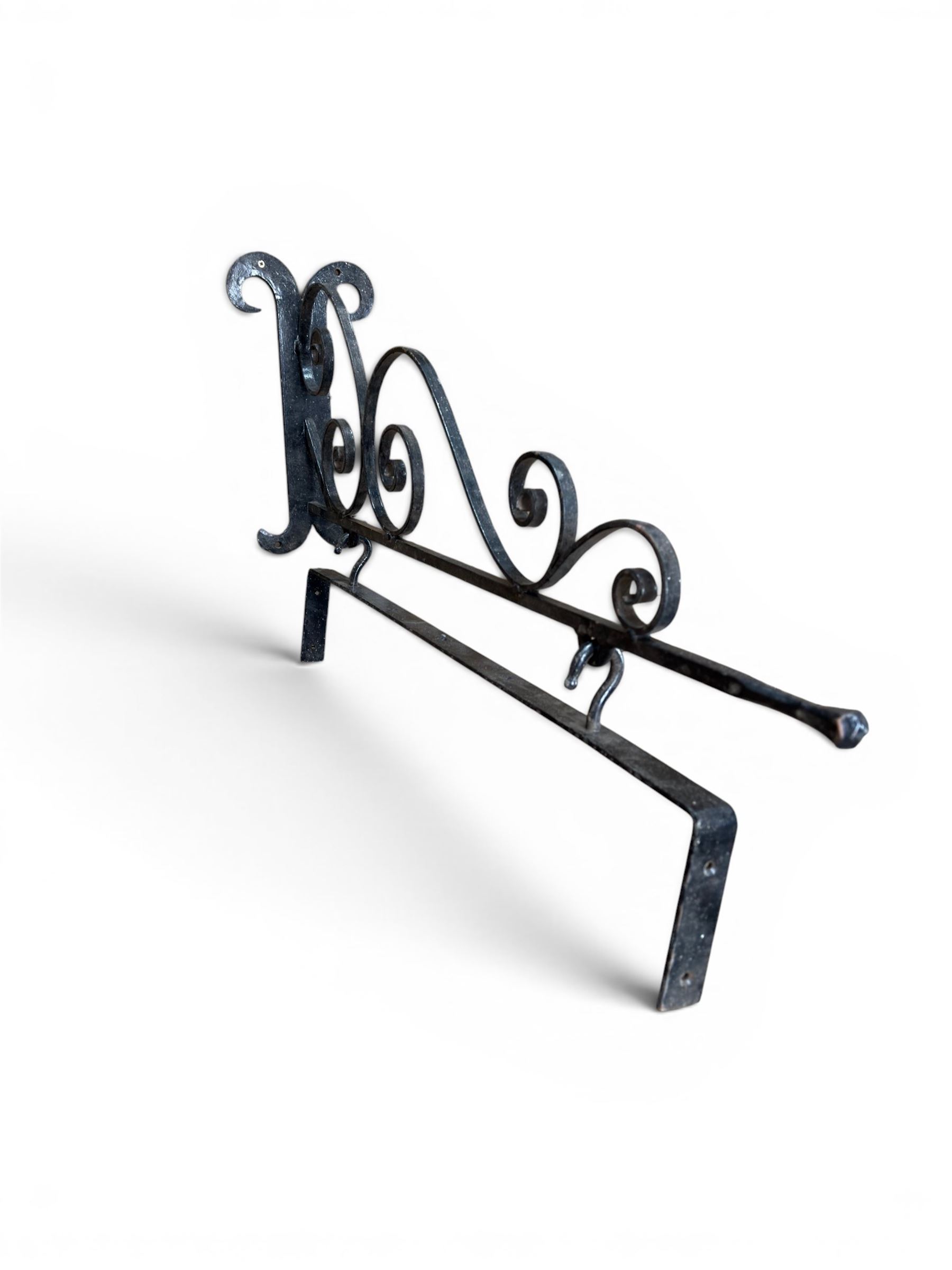 Blacksmith made wrought metal wall hanging sign bracket, scrollwork detail, including wall bracket and sign bracket