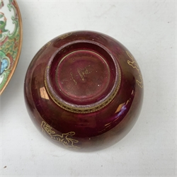 A small Wedgwood lustre bowl detailed with a butterfly to the interior, with mark beneath, D8.5cm, together with two Chinese Canton, famile rose plates, (one example regilded), D16cm.
