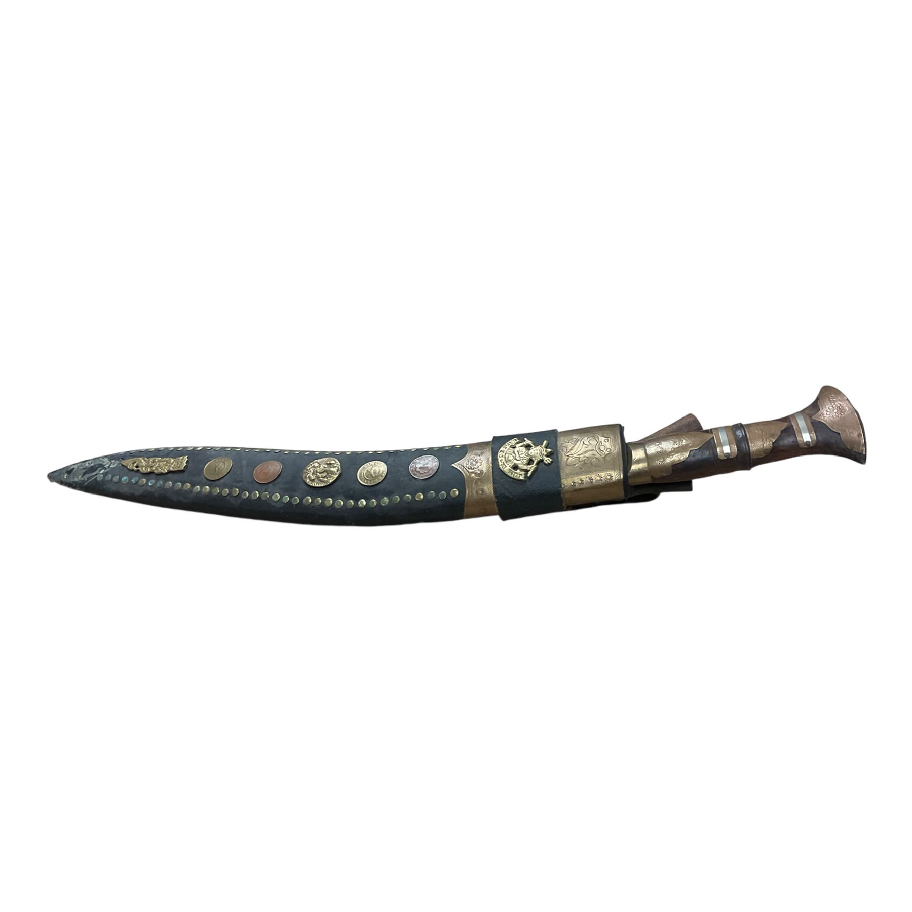 Nepali Kukri knife, steel blade, leather scabbard with brass decoration, wooden handle, blade length approx 46cm, L61cm overall 