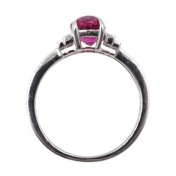 18ct white gold oval pink sapphire and baguette diamond ring, hallmarked, pink sapphire approx 1.55 carat