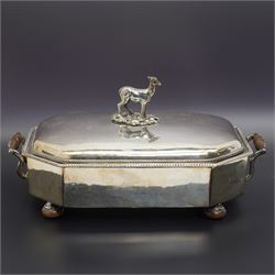 Pair of Georgian design plated candlesticks on square bases H26cm, plated hot water dish, the cover with deer lift and a plated two handled tureen with associated cover