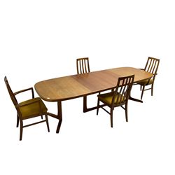 Oluf Theodore Larsen for NMB - mid-20th century teak extending dining table with two additional leaves, on splayed supports (261cm x 95cm x 73cm), and set four (2+2) mid-20th century teak dining chairs with high vertical slatted back on tapered supports (54cm x 51cm x 99cm)