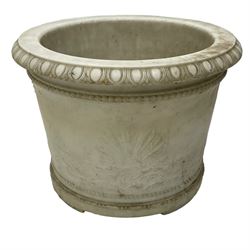 20th century marble planter, of slightly tapering cylindrical form, carved with a Classical frieze of figures and horse drawn chariot amidst clouds and sunburst, H32.5cm D45cm