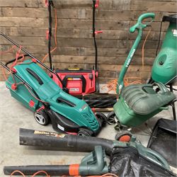 A Bosch Rotak 34R lawn mower, a Bergman Pro 3in1 Scarficer, Rake & Sweeper, a Black &Decker GS1800 chipper, a strimmer and a blower