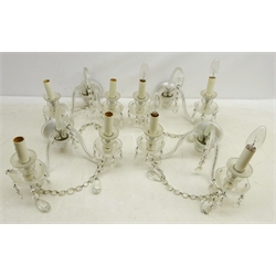  Set of four Venetian style two branch wall lights with central scroll stem, faceted glass drops and branches, W36cm (4)  