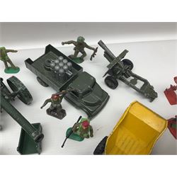 Various makers - unboxed and playworn die-cast models including Dinky Thornycroft Mighty Antar Tank Transporter No.660 and Centurion Tank No.651, other military and farm vehicles; and quantity of loose plastic soldiers and other figures by Crescent, Britains etc